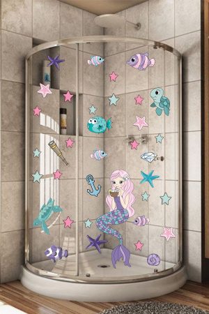 Deniz Kızı Deniz Yıldızları Ve Balıklar Duşakabin Ve Banyo Sticker - Görsel 1