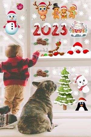 Yılbaşı Ağacı Noel Baba Geyik Kardan Adam Kar Taneleri Kış Temalı Pencere Sticker - Görsel 1