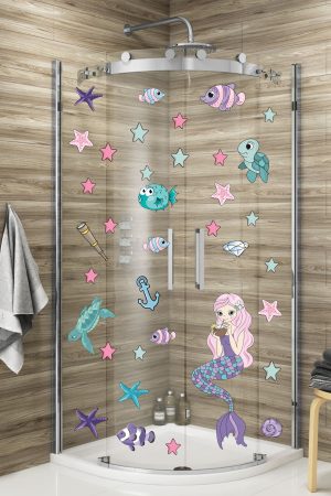 Deniz Kızı Deniz Yıldızları Ve Balıklar Duşakabin Ve Banyo Sticker - Görsel 2