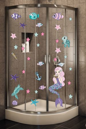 Deniz Kızı Deniz Yıldızları Ve Balıklar Duşakabin Ve Banyo Sticker - Görsel 3