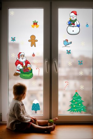 Yılbaşı Noel Baba Ve Kardan Adam Temalı Cam Duvar Sticker - Görsel 2