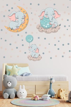 Uzayda Sevimli Filler Ve Yıldızlar Çocuk Odası Duvar Sticker - Görsel 3
