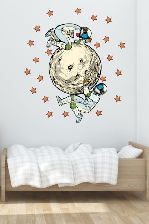 Gezegene Tutunan Astronotlar Ve Yıldızlar Çocuk Odası Duvar Sticker - Görsel 3