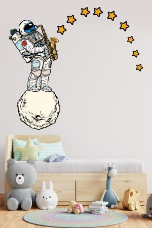 Uzayda Saksafon Çalan Astronot ve Yıldızlar Çocuk Odası Sticker - Görsel 3