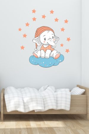 Bulutta Oturan Sevimli Fil Ve Yıldızlar Çocuk Odası Duvar Sticker - Görsel 3