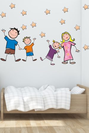Neşeli Aile Ve Yıldızlar Çizgi Tasarımlı Okul Ve Çocuk Odası Sticker - Görsel 3