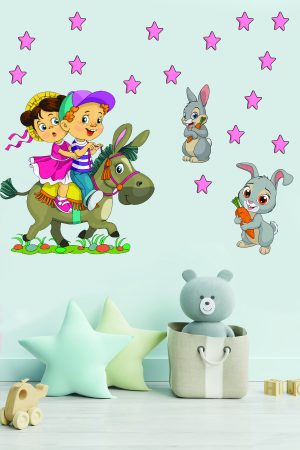 Eşeğe Binen Sevimli Çocuklar Ve Tavşanlar Çocuk Odası Duvar Sticker Seti - Görsel 3