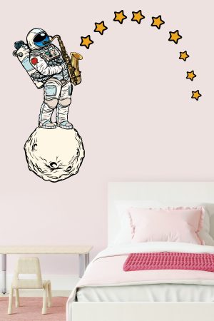 Uzayda Saksafon Çalan Astronot ve Yıldızlar Çocuk Odası Sticker - Görsel 4