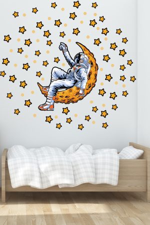 Ayda Yatan Astronot Ve Yıldızlar Çocuk Odası Duvar Sticker Seti - Görsel 4