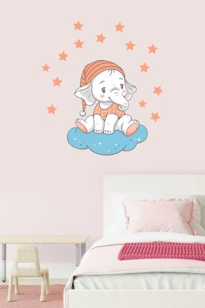 Bulutta Oturan Sevimli Fil Ve Yıldızlar Çocuk Odası Duvar Sticker - Görsel 4