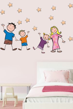 Neşeli Aile Ve Yıldızlar Çizgi Tasarımlı Okul Ve Çocuk Odası Sticker - Görsel 4