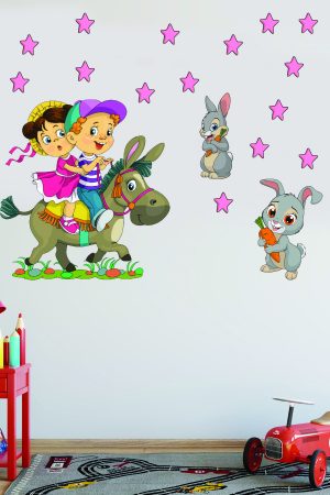 Eşeğe Binen Sevimli Çocuklar Ve Tavşanlar Çocuk Odası Duvar Sticker Seti - Görsel 4