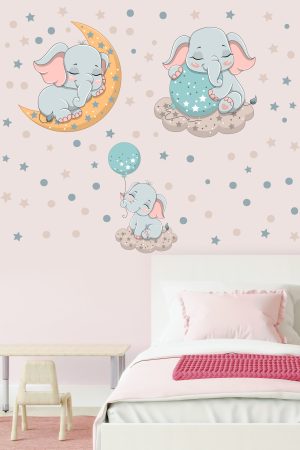 Uzayda Sevimli Filler Ve Yıldızlar Çocuk Odası Duvar Sticker - Görsel 4