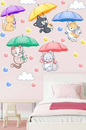 Şemsiye İle  Uçan Sevimli Kediler ve Kalpler Duvar Sticker - Görsel 4