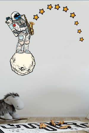 Uzayda Saksafon Çalan Astronot ve Yıldızlar Çocuk Odası Sticker - Görsel 5