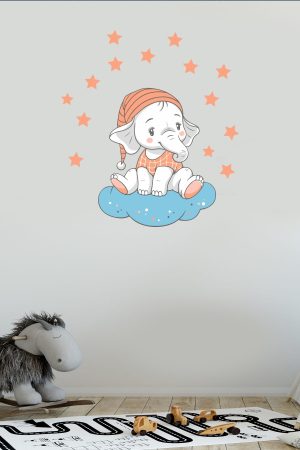 Bulutta Oturan Sevimli Fil Ve Yıldızlar Çocuk Odası Duvar Sticker - Görsel 5