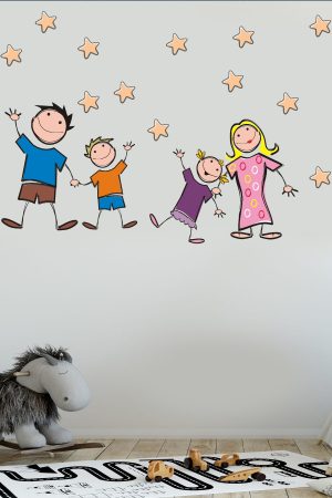Neşeli Aile Ve Yıldızlar Çizgi Tasarımlı Okul Ve Çocuk Odası Sticker - Görsel 5