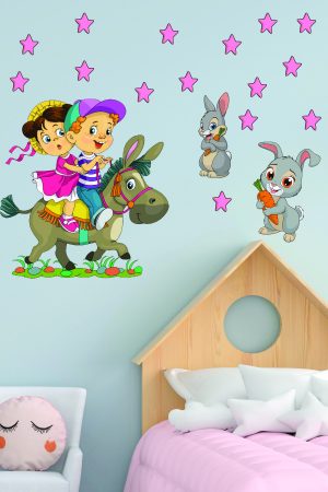 Eşeğe Binen Sevimli Çocuklar Ve Tavşanlar Çocuk Odası Duvar Sticker Seti - Görsel 5