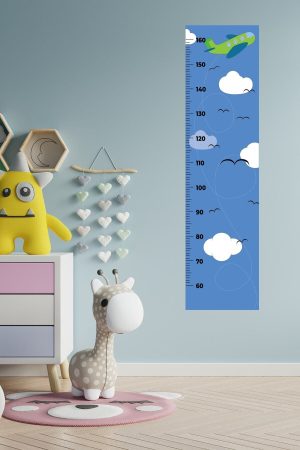 Bulutların Üzerinde Uçak Mavi Boy Ölçme - Ölçüm Cetveli Duvar Sticker - Görsel 5