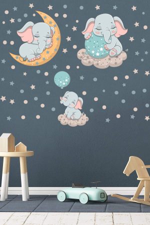Uzayda Sevimli Filler Ve Yıldızlar Çocuk Odası Duvar Sticker - Görsel 5
