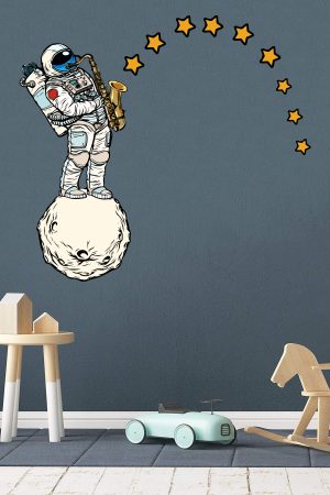 Uzayda Saksafon Çalan Astronot ve Yıldızlar Çocuk Odası Sticker - Görsel 6