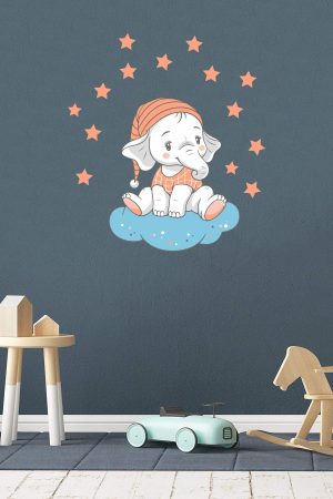 Bulutta Oturan Sevimli Fil Ve Yıldızlar Çocuk Odası Duvar Sticker - Görsel 6