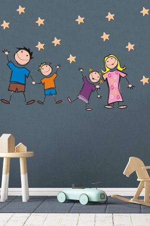 Neşeli Aile Ve Yıldızlar Çizgi Tasarımlı Okul Ve Çocuk Odası Sticker - Görsel 6