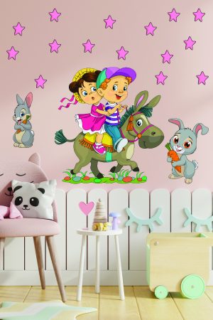 Eşeğe Binen Sevimli Çocuklar Ve Tavşanlar Çocuk Odası Duvar Sticker Seti - Görsel 6