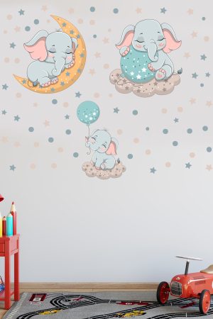 Uzayda Sevimli Filler Ve Yıldızlar Çocuk Odası Duvar Sticker - Görsel 6