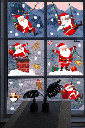 Yılbaşı Sticker Sevimli Noel Baba Ve Kar Taneleri Pencere Duvar Süsü - Görsel 3