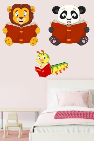 Kitap Okuyan Sevimli Hayvanlar Sticker Aslan Panda Ve Kırkayak Anaokulu, Çocuk Ve Bebek Odası - Görsel 3