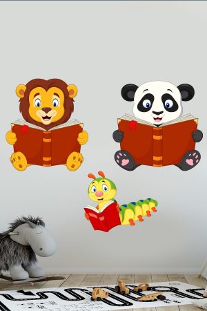 Kitap Okuyan Sevimli Hayvanlar Sticker Aslan Panda Ve Kırkayak Anaokulu, Çocuk Ve Bebek Odası - Görsel 4