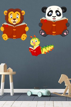 Kitap Okuyan Sevimli Hayvanlar Sticker Aslan Panda Ve Kırkayak Anaokulu, Çocuk Ve Bebek Odası - Görsel 5