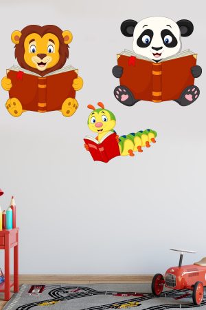 Kitap Okuyan Sevimli Hayvanlar Sticker Aslan Panda Ve Kırkayak Anaokulu, Çocuk Ve Bebek Odası - Görsel 6