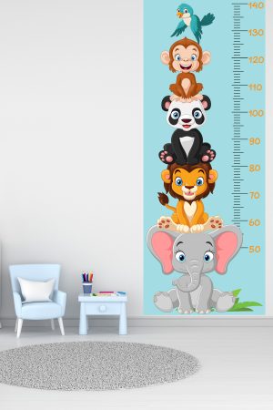 Sevimli Safari Hayvanları Boy Ölçüm Cetveli Boy Ölçer Sticker Turkuaz - Görsel 3