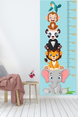 Sevimli Safari Hayvanları Boy Ölçüm Cetveli Boy Ölçer Sticker Turkuaz - Görsel 6