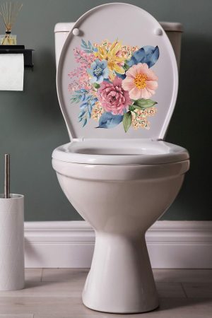 Sulu Boya Mor Pembe Lila Güller Klozet Sticker Banyo Sticker - Görsel 2