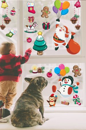 Balonla Uçan Noel Baba ve Kardan Adam Yılbaşı Süsleri Pencere Duvar Sticker - Görsel 3