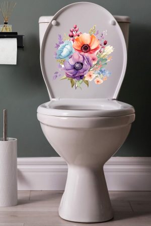 Sulu Boya Soft Renkli Çüçekler Klozet Sticker Banyo Sticker - Görsel 3
