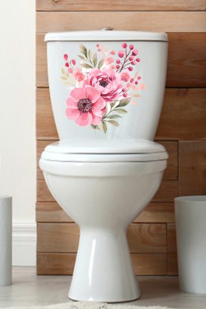 Sulu Boya Pembe Çiçekler Klozet ve Banyo Sticker Seti - Görsel 4