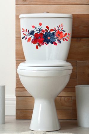 Sulu Boya Kırmızı Mor Çiçekler ve Yapraklar Klozet Sticker - Görsel 4
