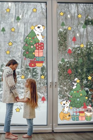 Pencere Süsleyen Sevimli Kediler Yılbaşı Pencere Sticker - Görsel 6