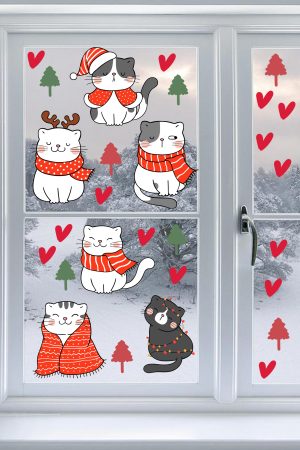 Yılbaşı Sevimli Kedileri Yeni Yıl Kedileri Cam Kapı Duvar Sticker Seti, Yılbaşı Süsü - Görsel 4