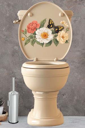 Klozet Sticker Renkli Güller ve Kelebek Banyo Tuvalet Sticker - Görsel 3