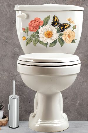 Klozet Sticker Renkli Güller ve Kelebek Banyo Tuvalet Sticker - Görsel 4