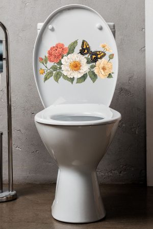 Klozet Sticker Renkli Güller ve Kelebek Banyo Tuvalet Sticker - Görsel 5