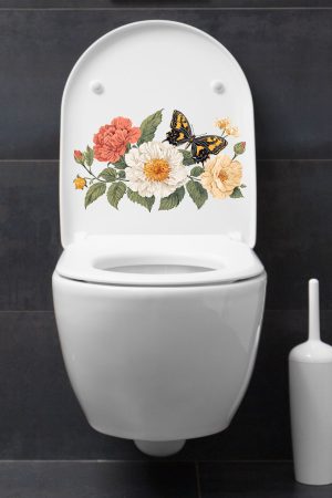 Klozet Sticker Renkli Güller ve Kelebek Banyo Tuvalet Sticker - Görsel 6
