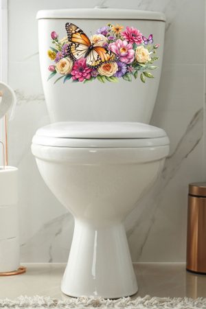 Kelebek ve Renkli Güller Temalı Klozet Sticker Banyo Sticker - Görsel 3