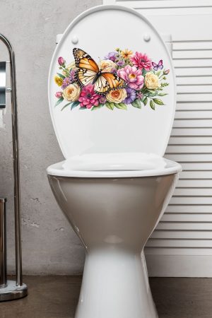 Kelebek ve Renkli Güller Temalı Klozet Sticker Banyo Sticker - Görsel 4