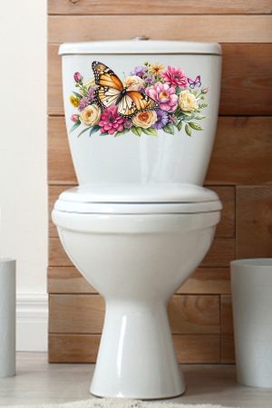 Kelebek ve Renkli Güller Temalı Klozet Sticker Banyo Sticker - Görsel 5